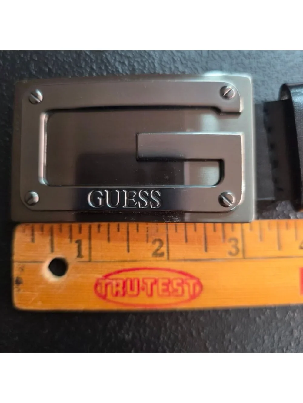 Guess Black Genuine Leather G Logo Plaque Belt Silver Buckle Size 38 Casual Mod